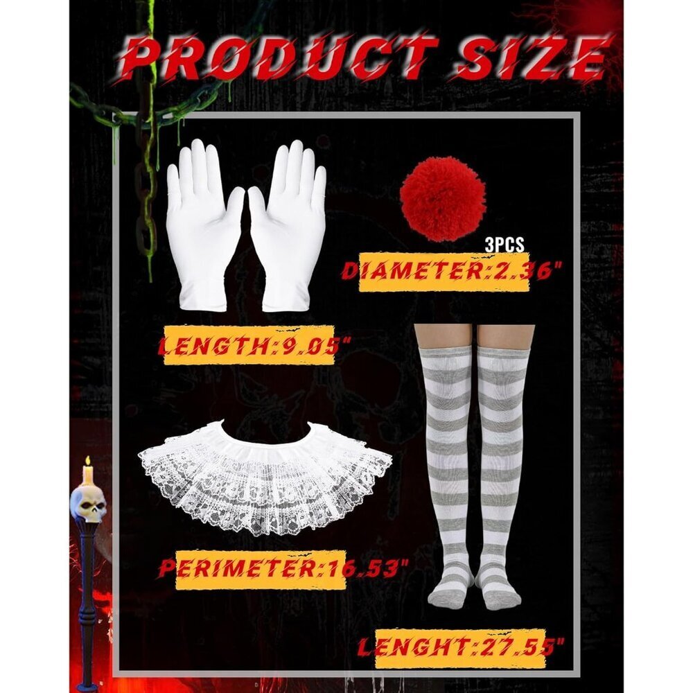Women's Creepy Clown Costume Accessories Gloves Collar Stockings Pompoms - Picture 2 of 6